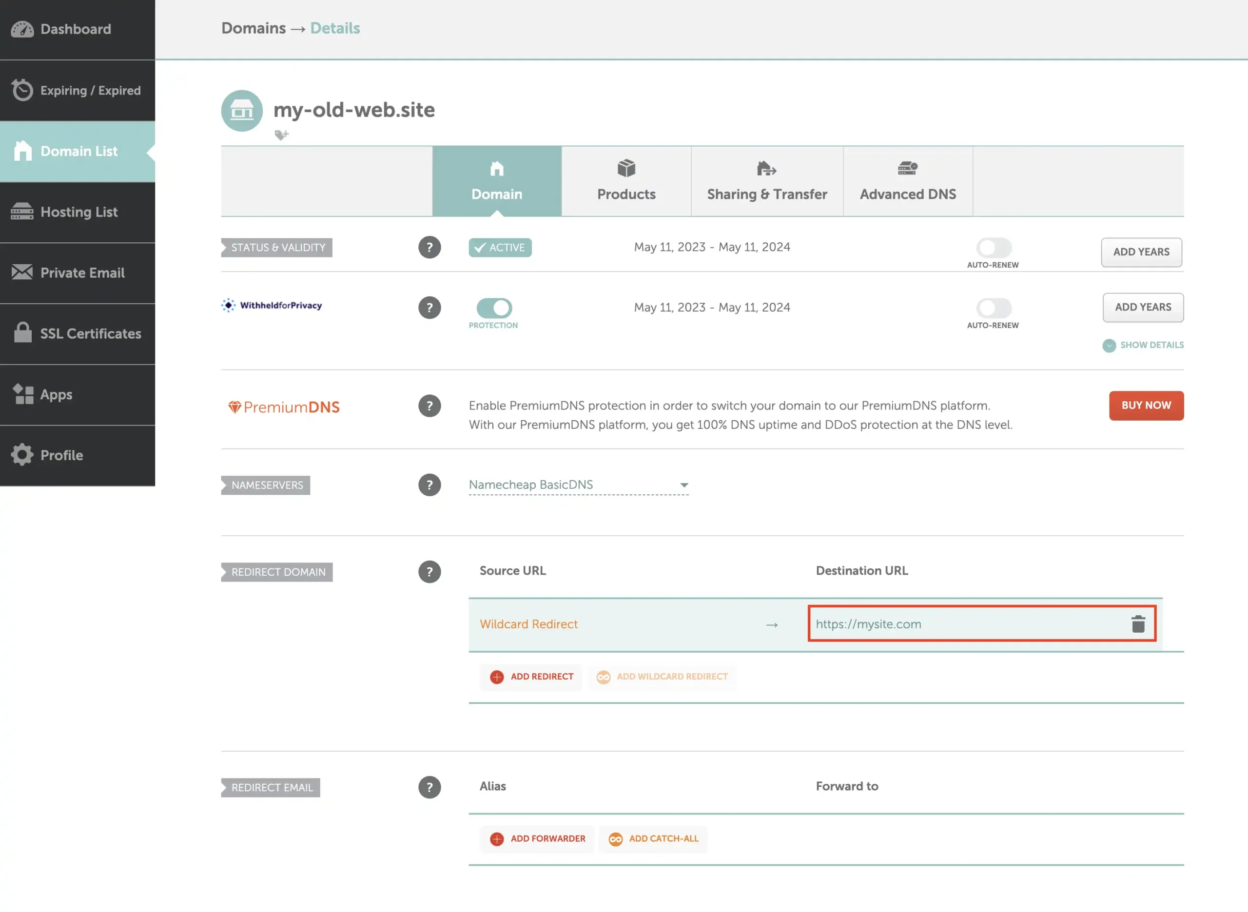 Namecheap wildcard redirect configuring finished