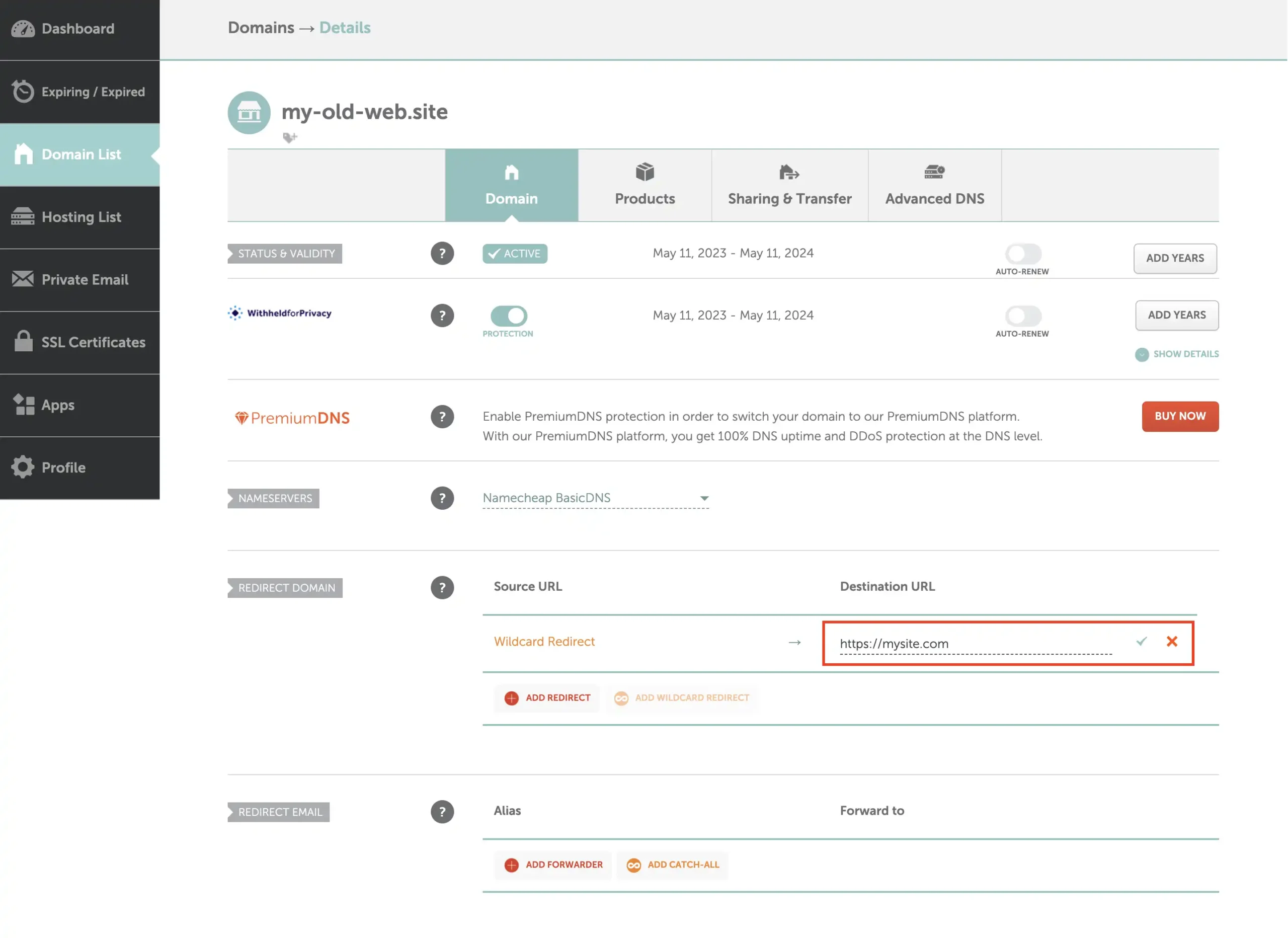 Namecheap wildcard redirect configuring form