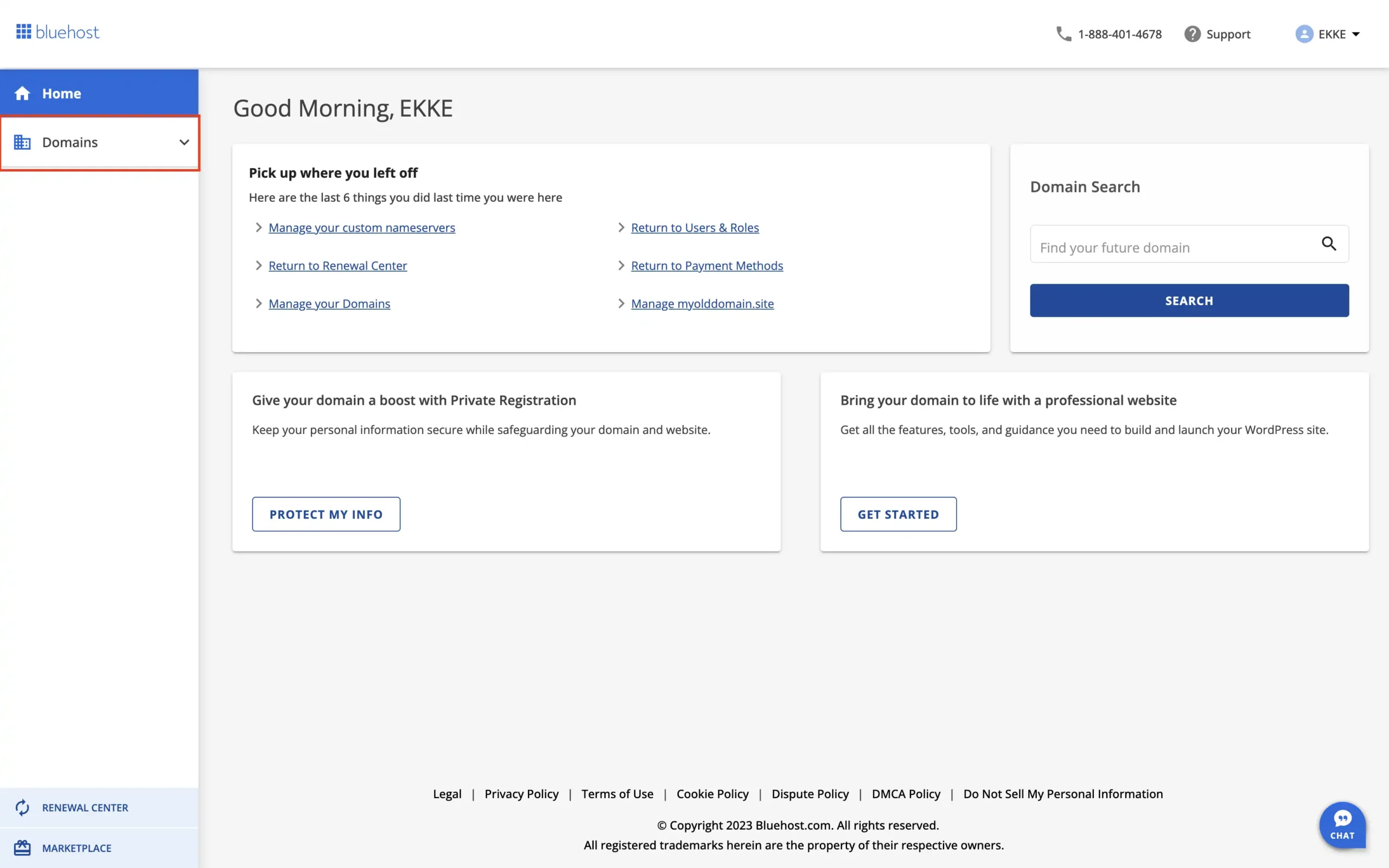 Bluehost dashboard home