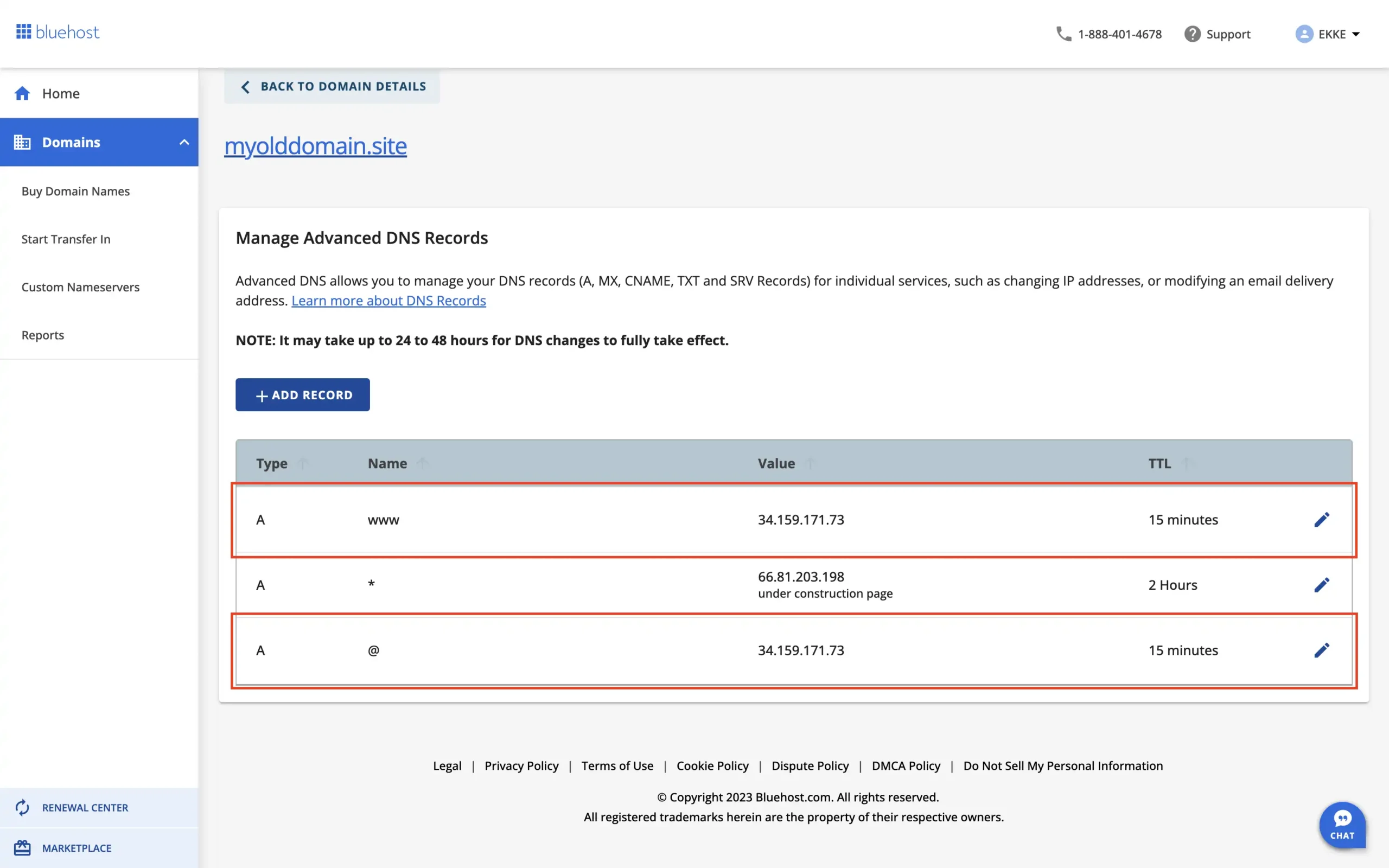 New DNS entries pointing at domain-forward.com