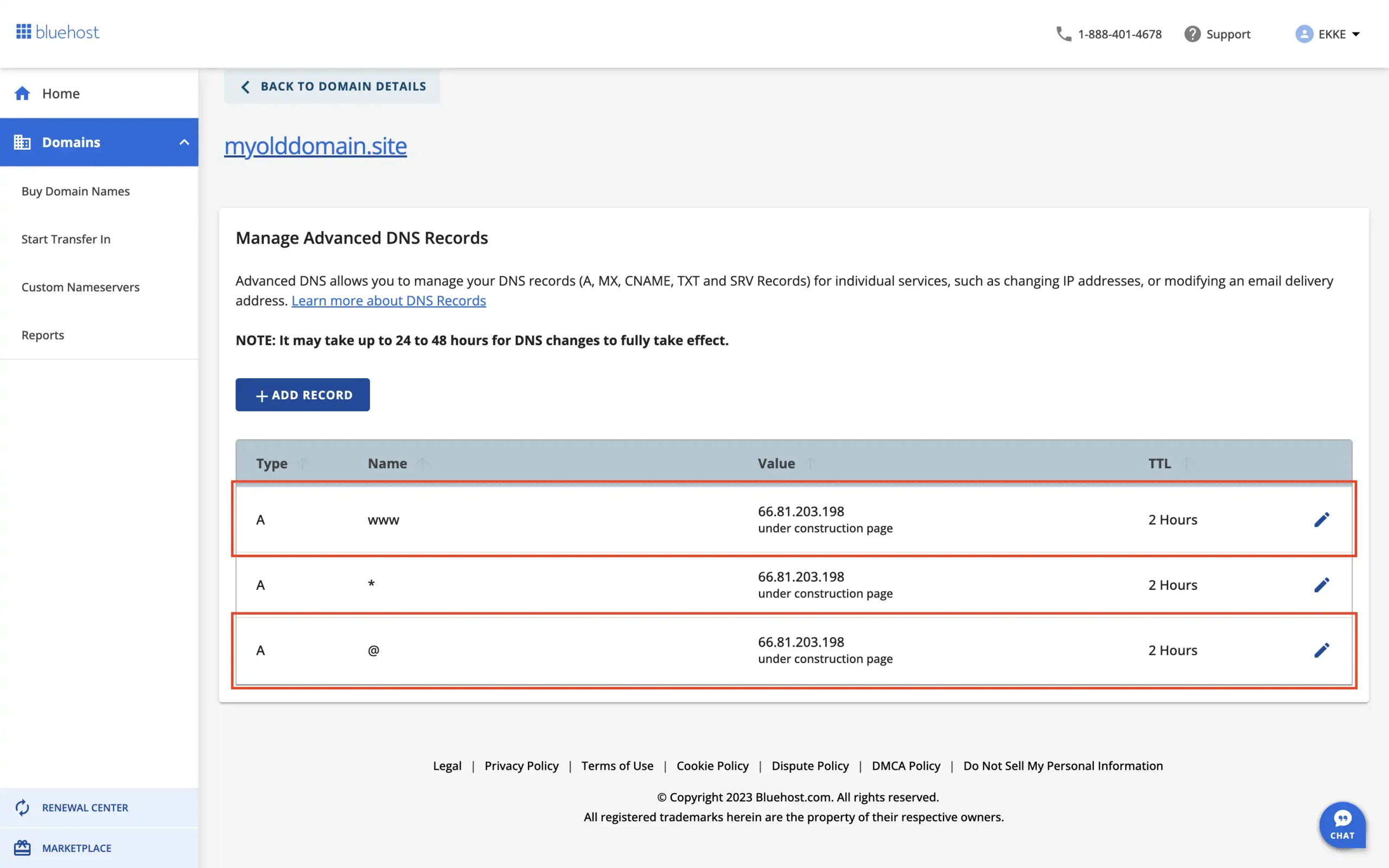 Bluehost DNS entries before redirection has been configured