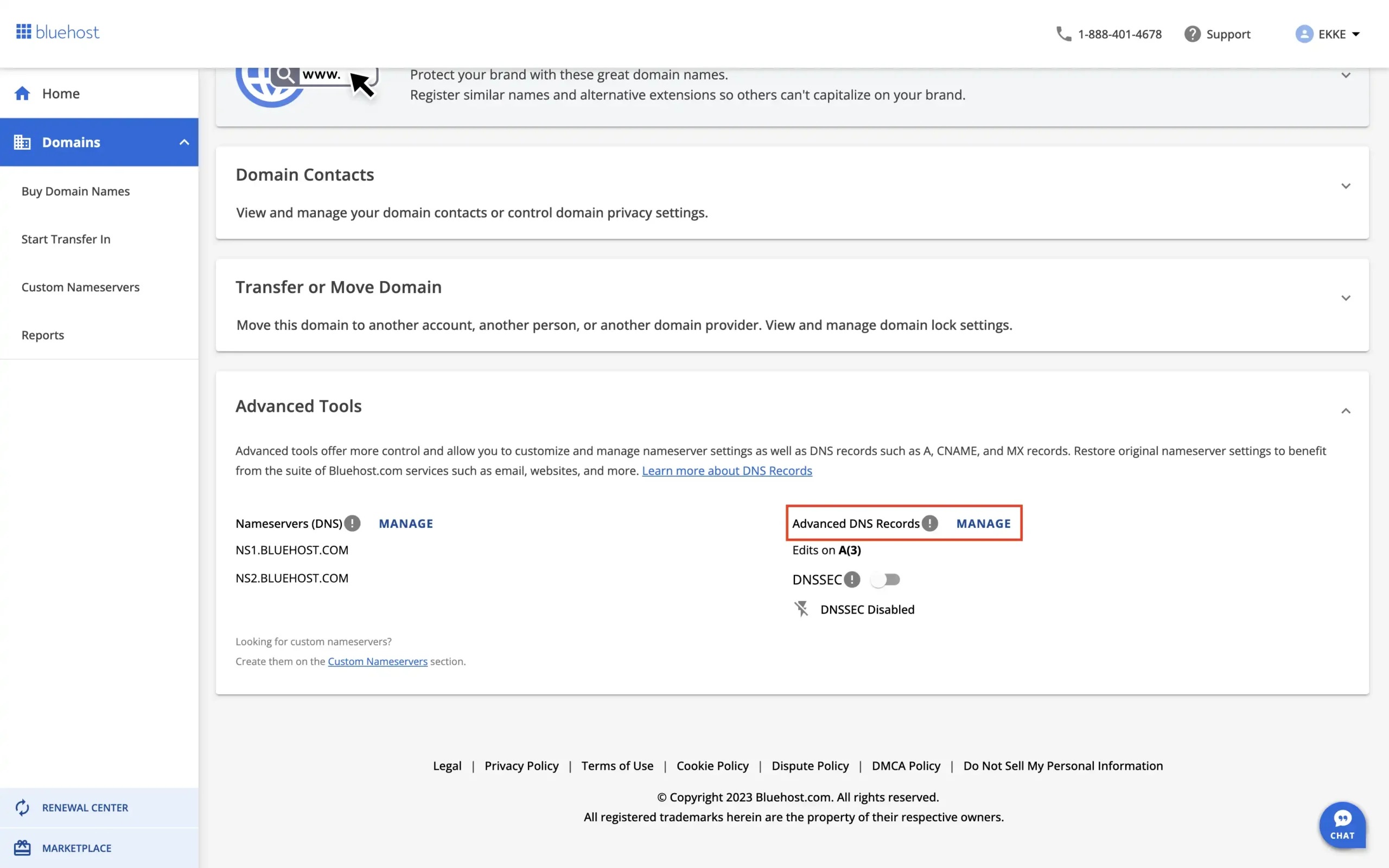 Bluehost domain detail page advanced tools