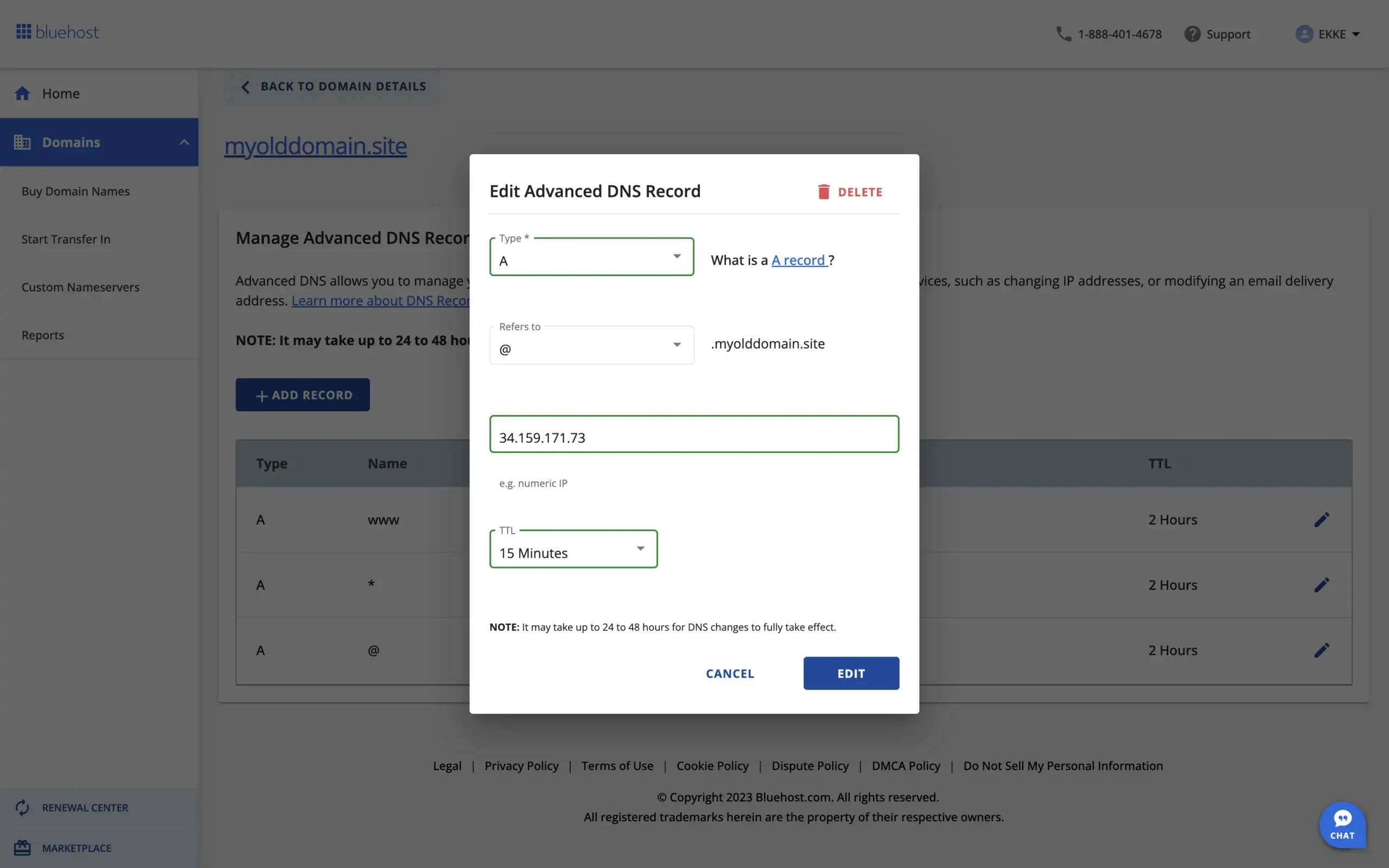 Bluehost change apex entry to point at Domain-Forward.com