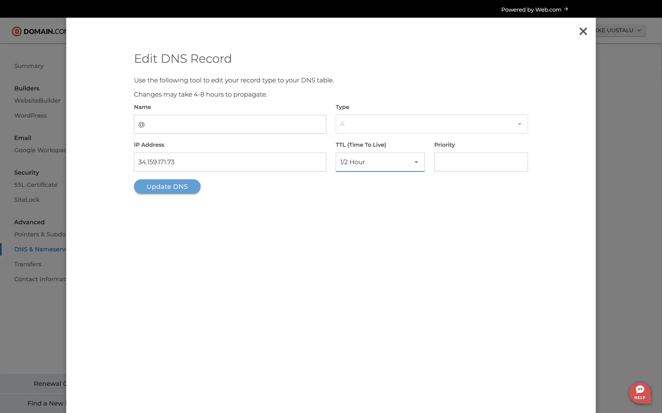 Domain.com apex DNS record editing