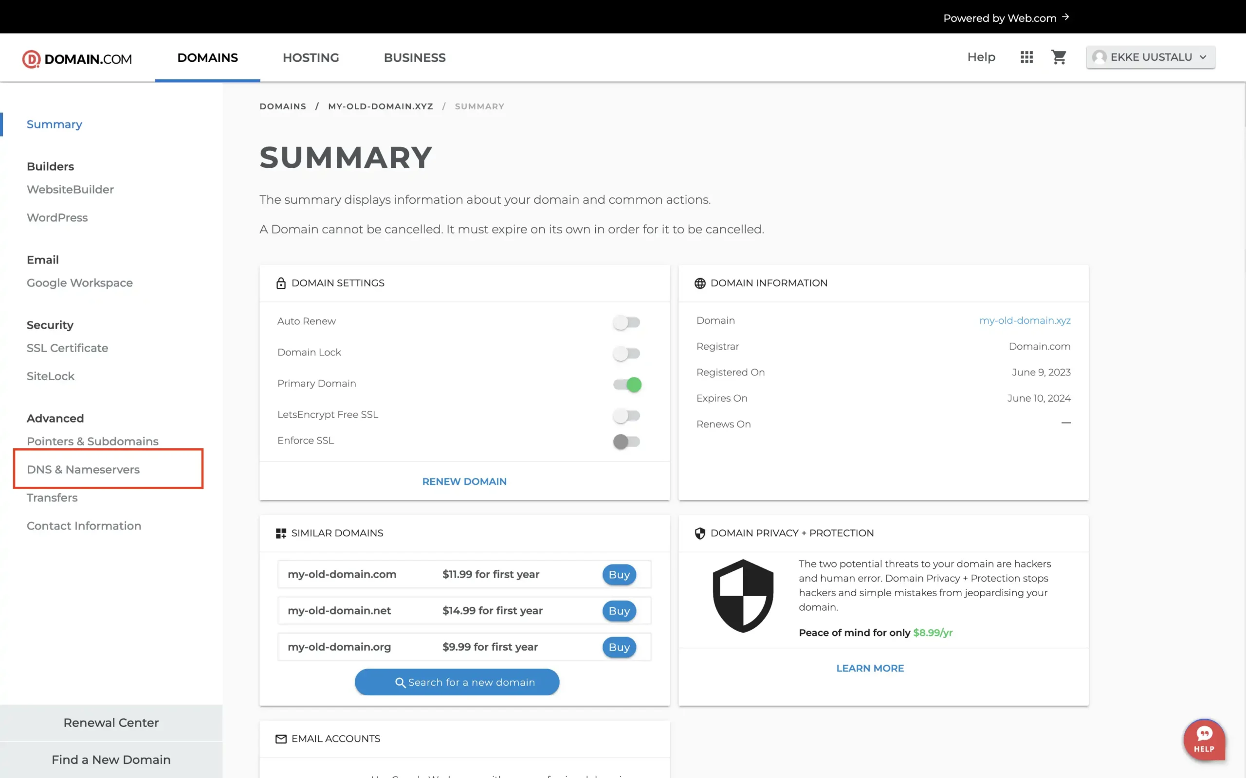 Domain.com domain dashboard