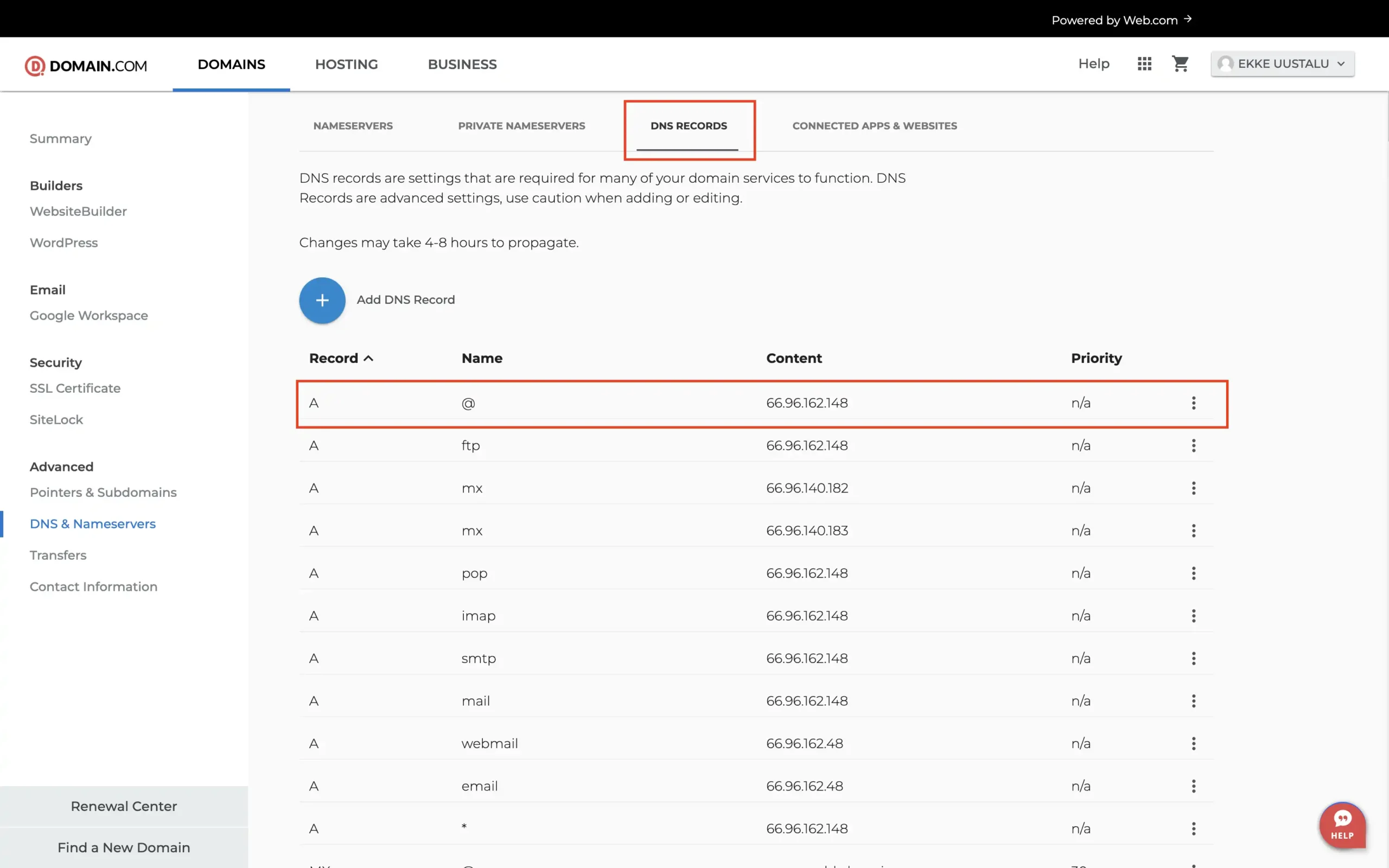 Domain.com DNS entries before redirection has been configured