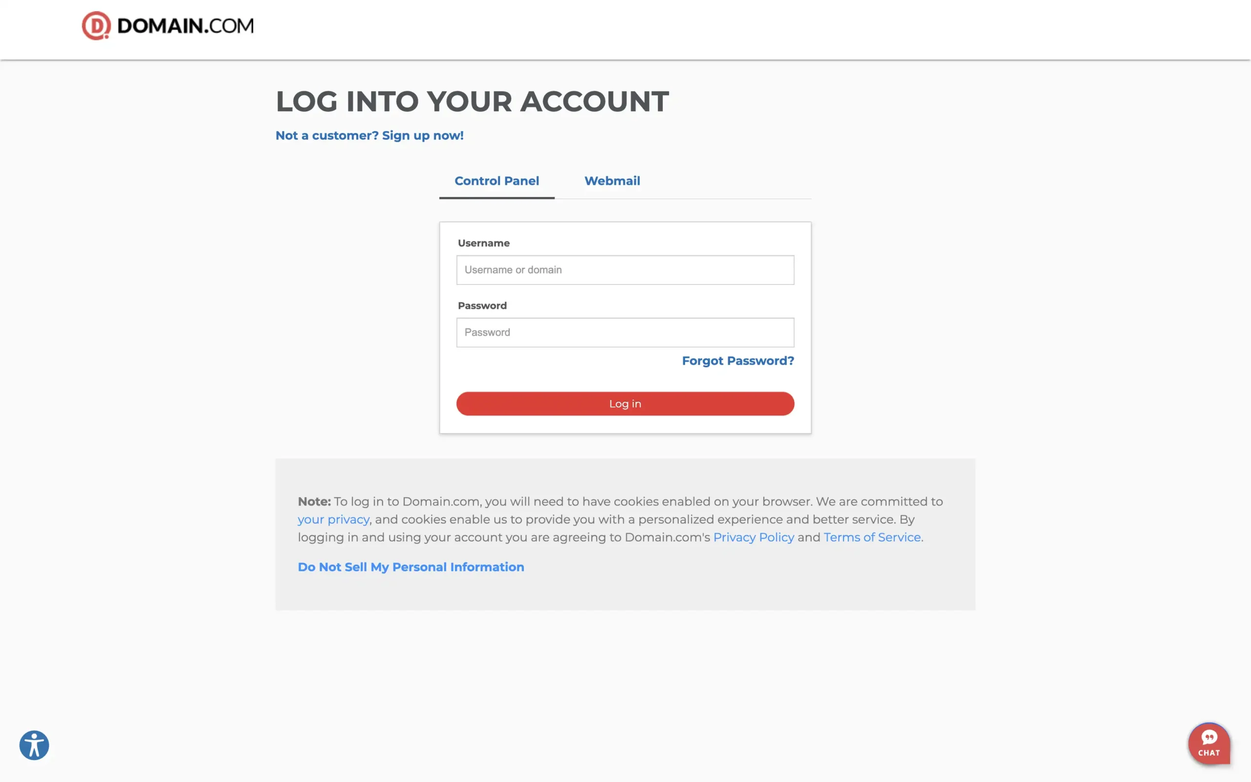 Domain.com login screen