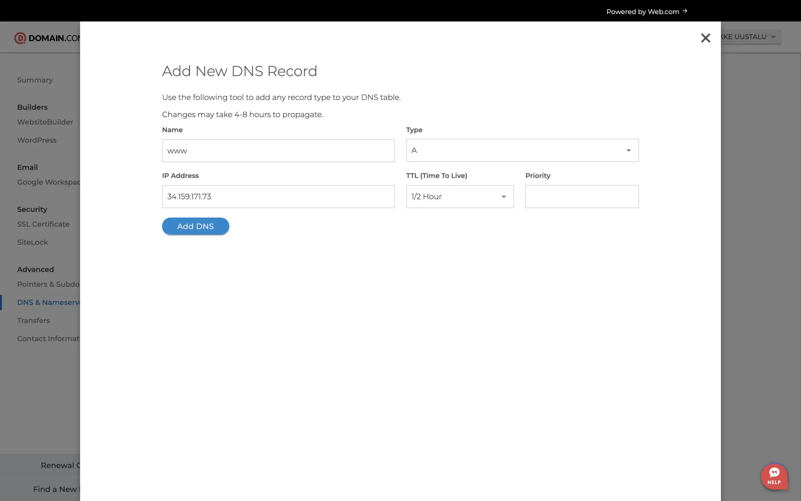 Domain.com create www entry that points at Domain-Forward.com