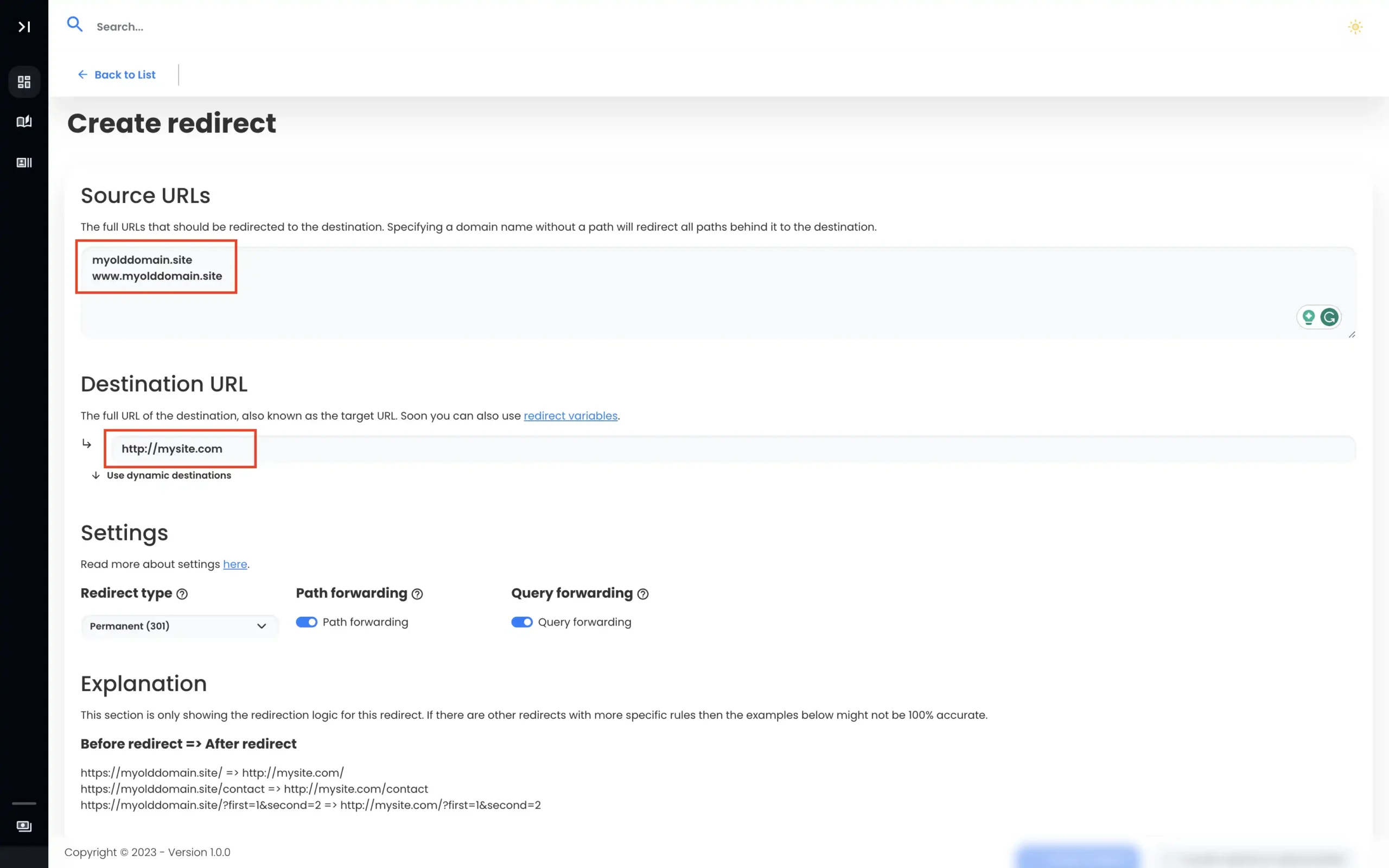 Configure redirects on domain forward