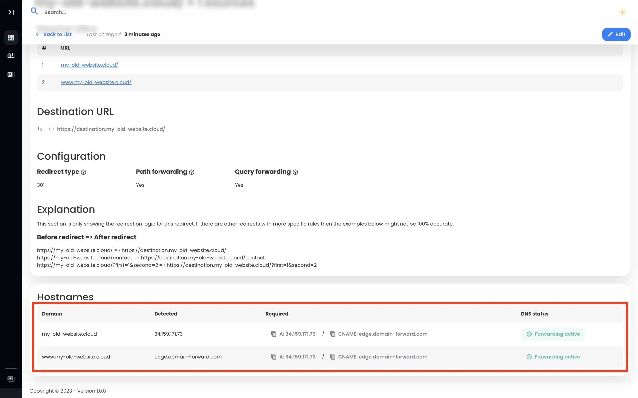 Forwarding is activated on domain-forward once the DNS records have been detected