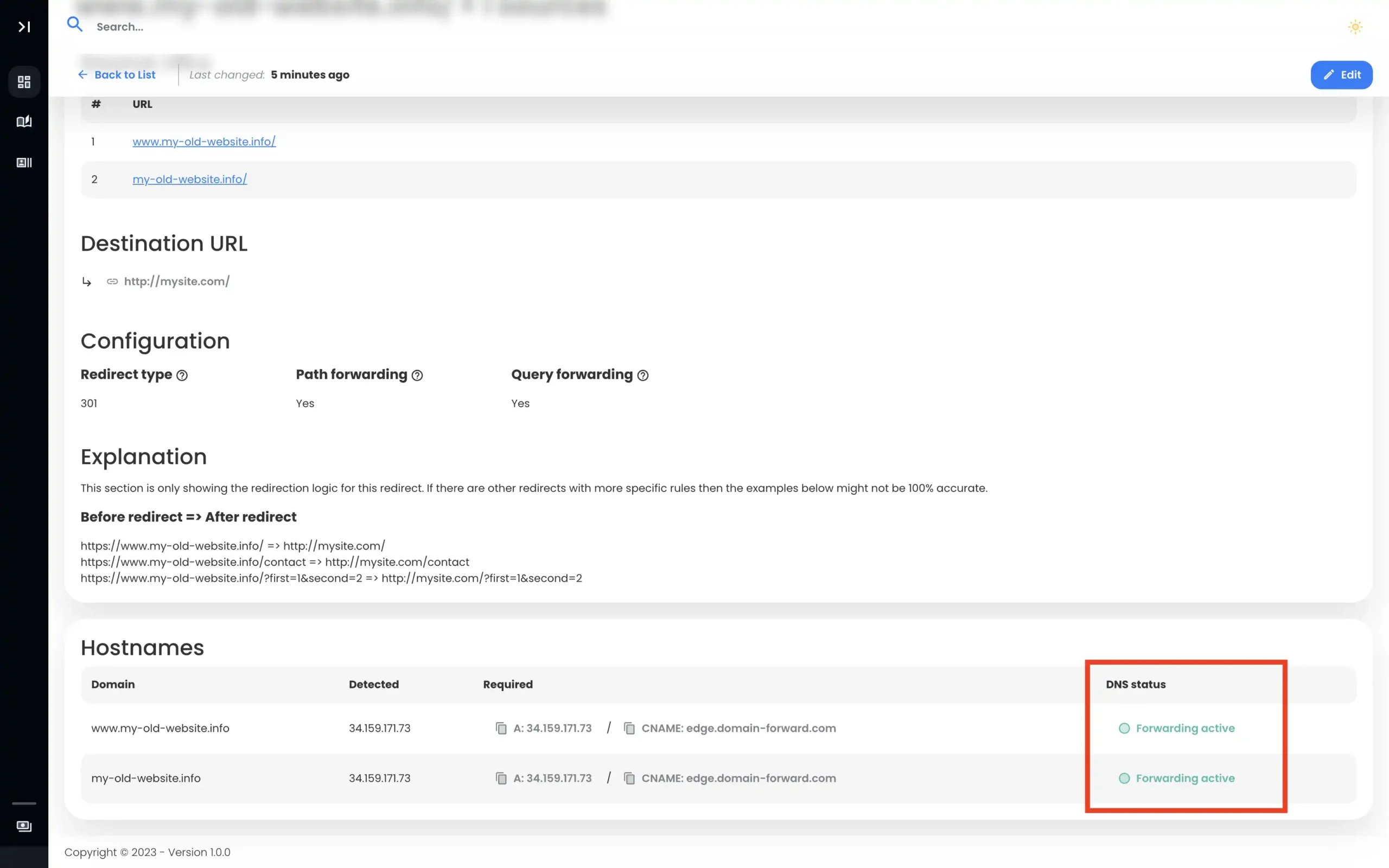 Redirect DNS records pointing at Domain Forward and the Forwarding is active