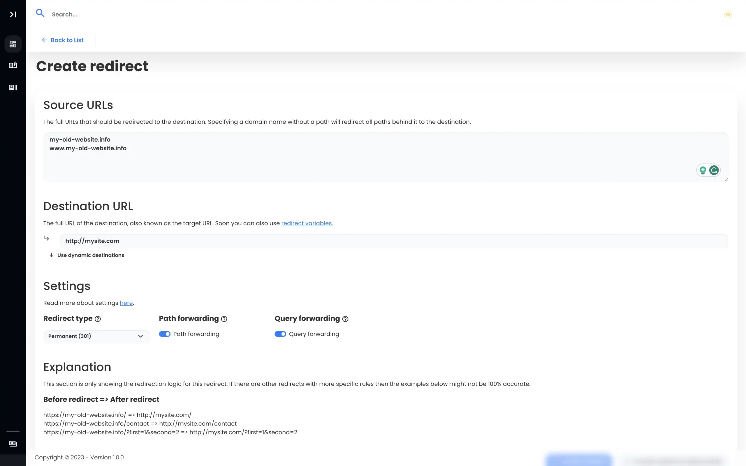 Creating the IONOS redirect on Domain Forward