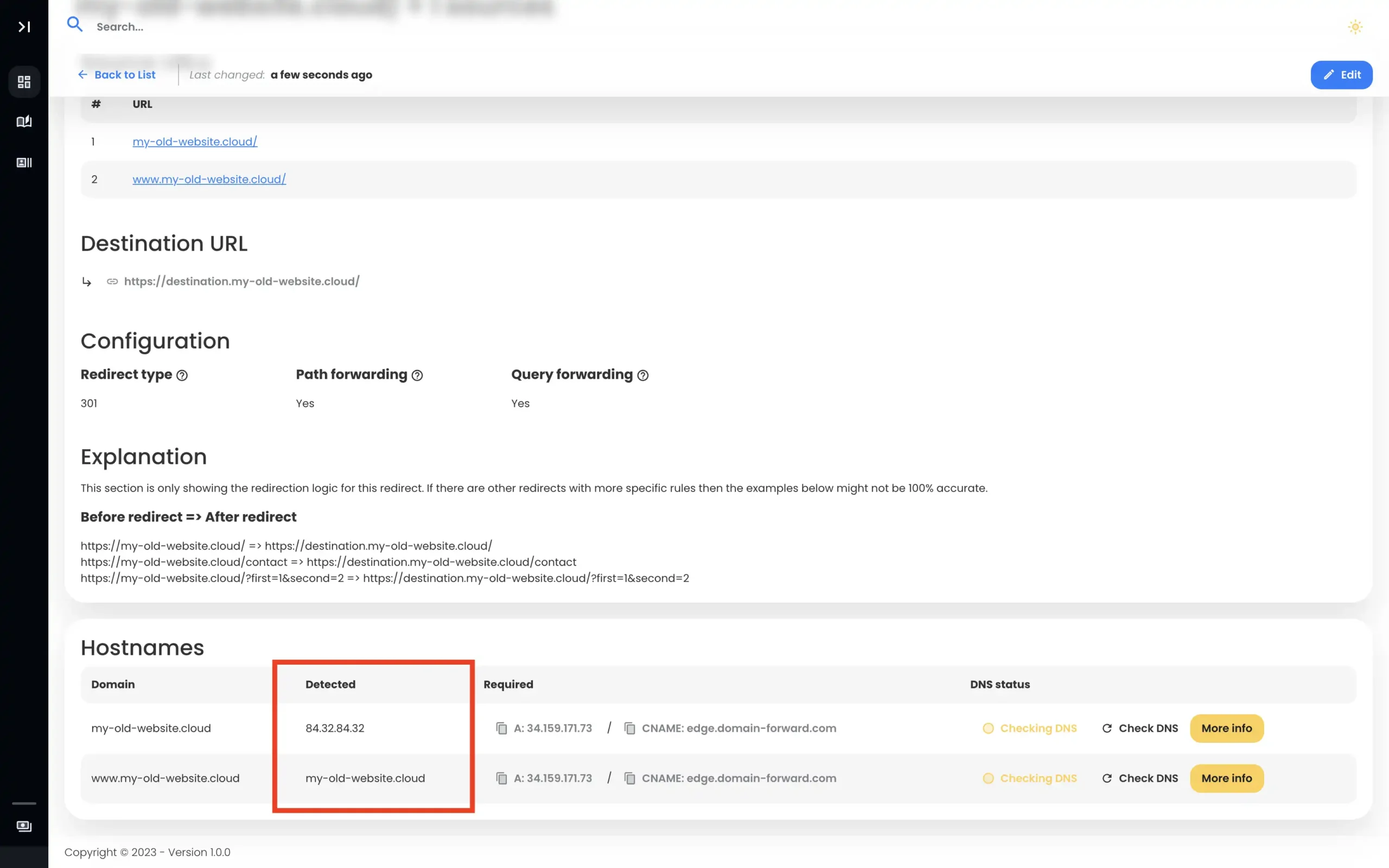 Domain forward pending DNS settings