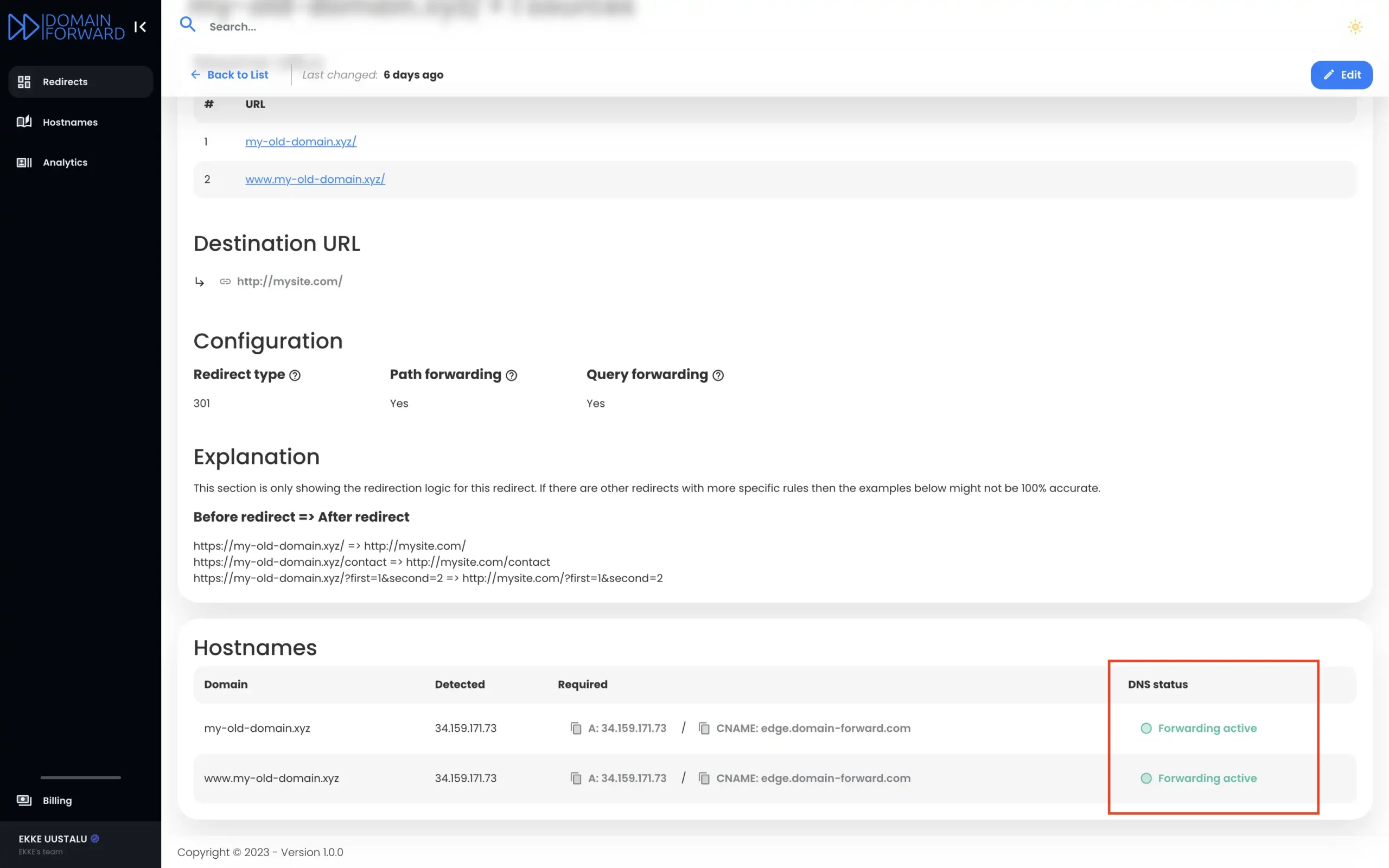 DNS changes detected on Domain-Forward.com and the redirects are active