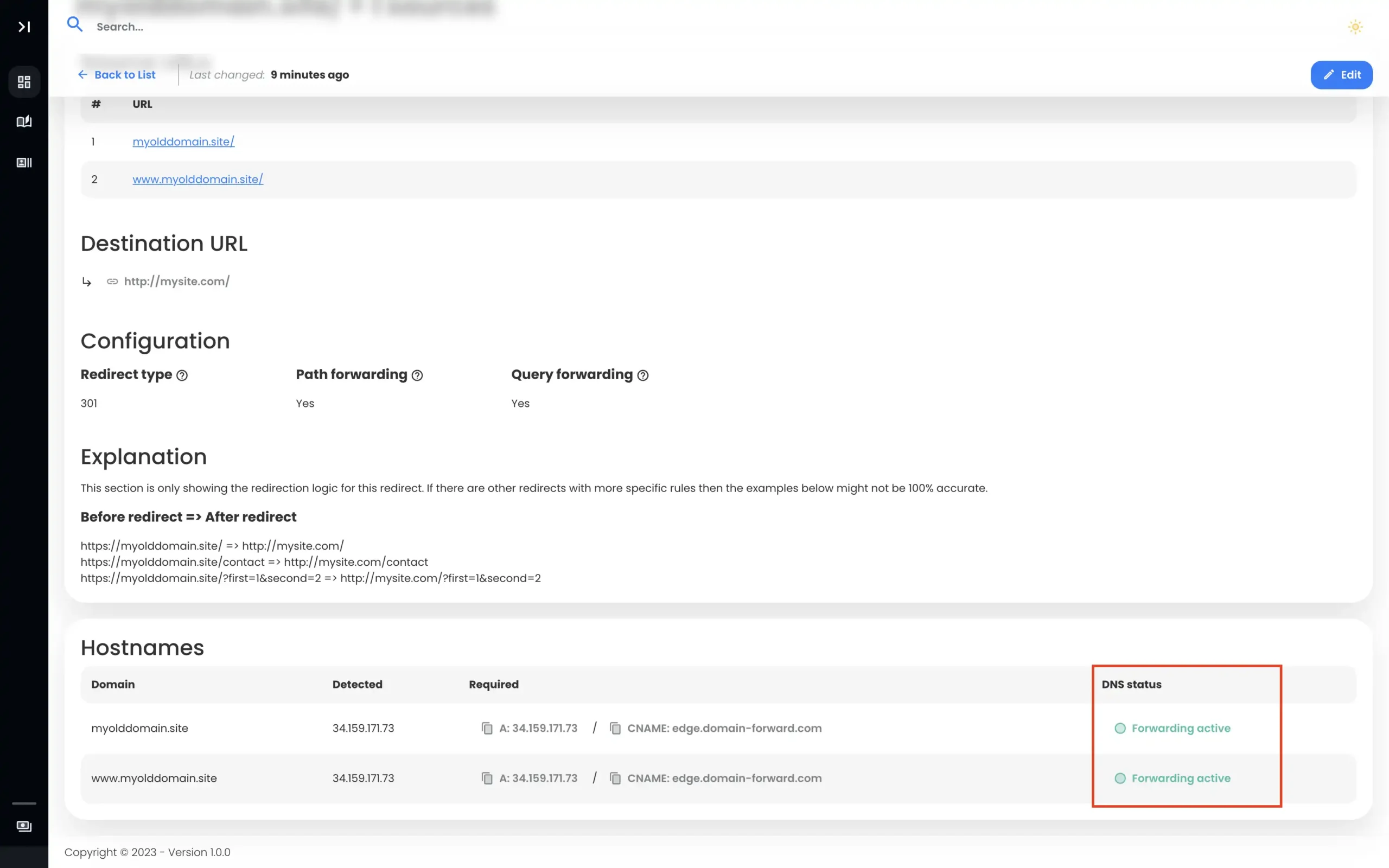 DNS changes detected on Domain-Forward.com and the redirects are active