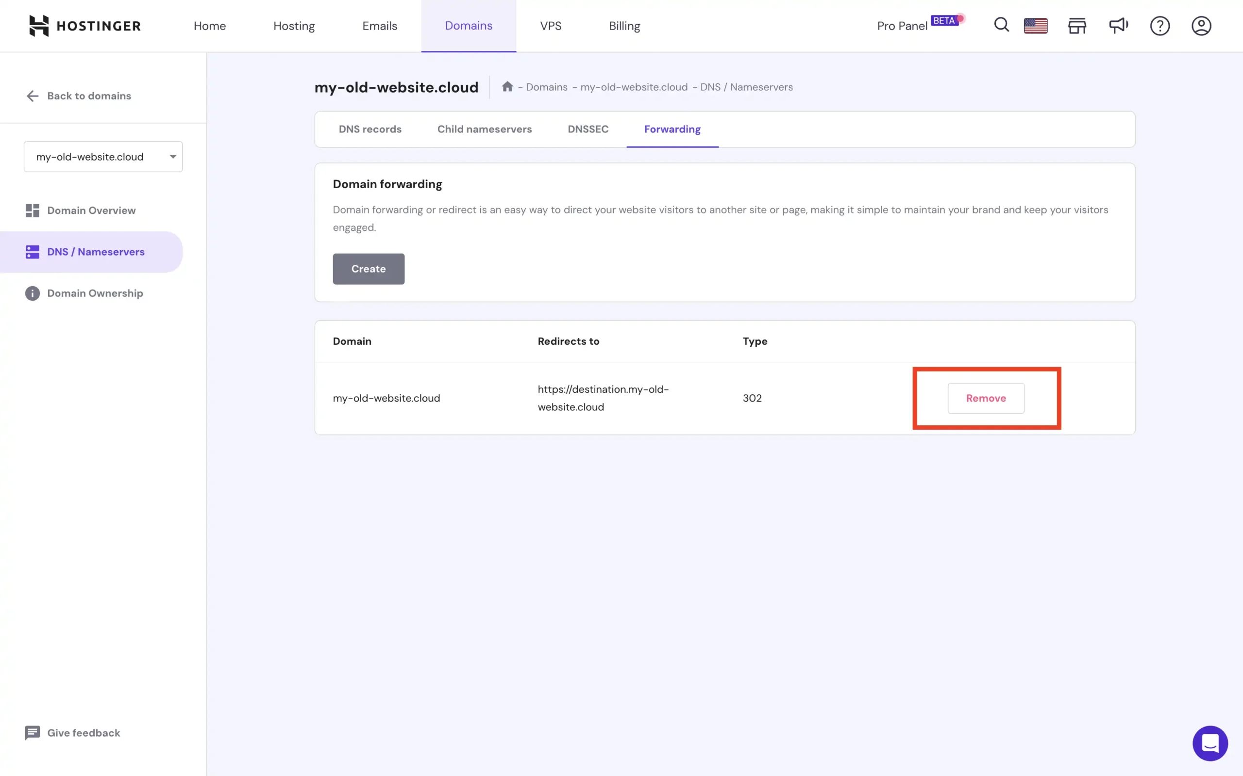 Hostinger remove old domain forwarding configuration