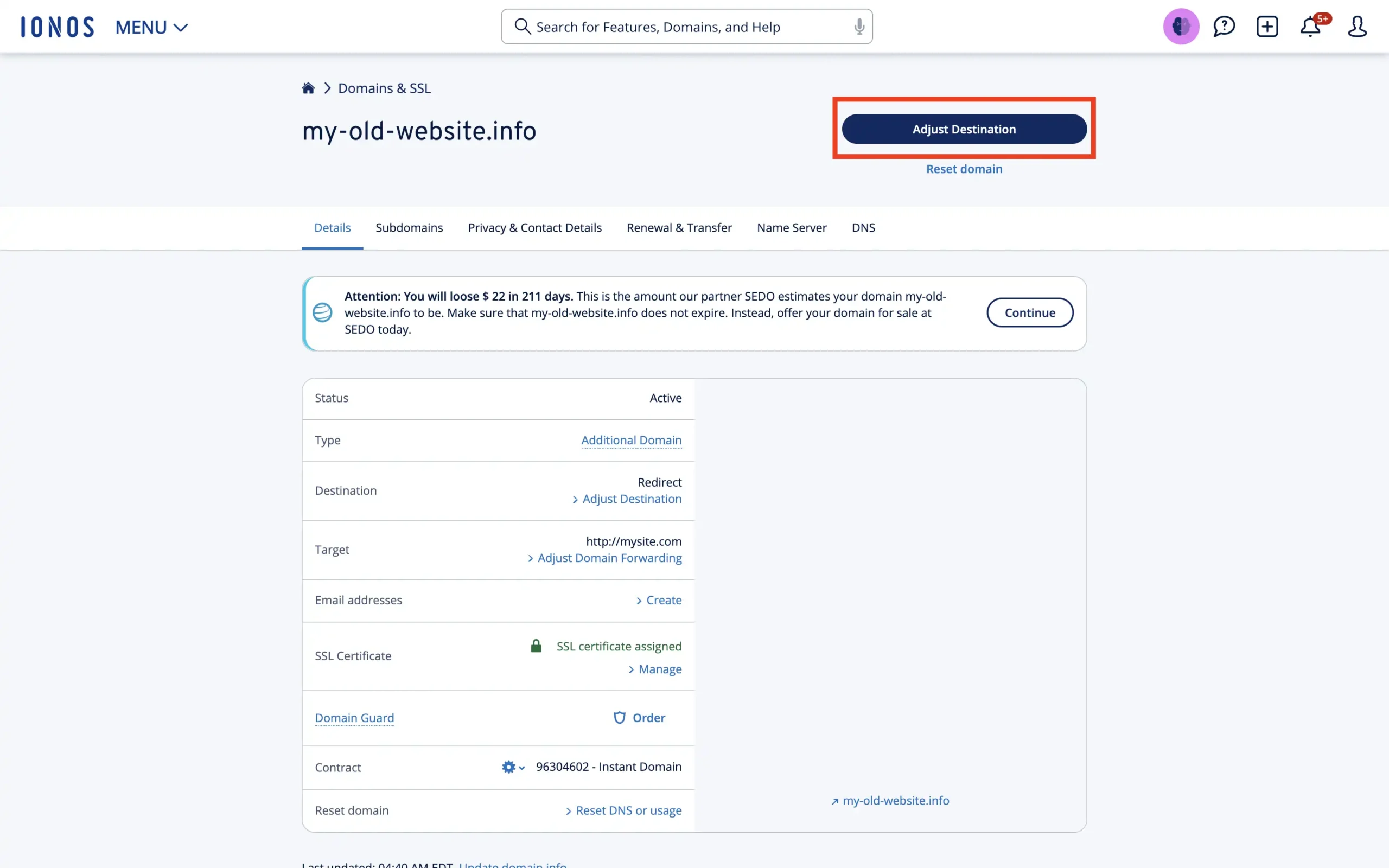 IONOS domain details - adjust destination button to see all domain actions