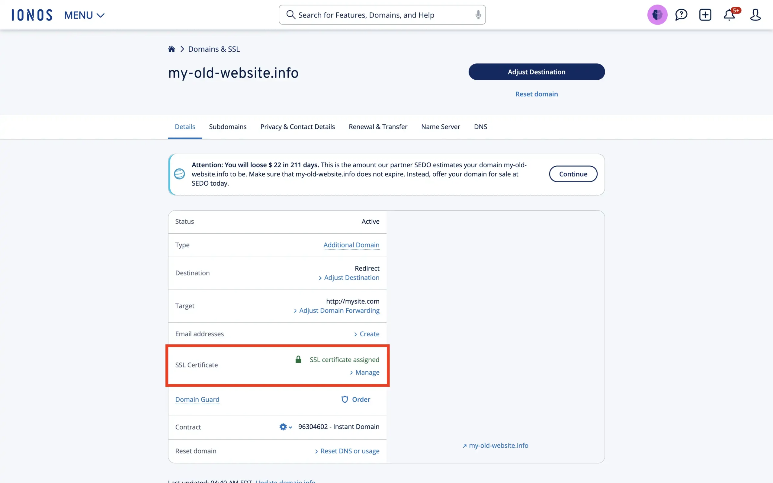 IONOS configure SSL certificates for a redirected domain