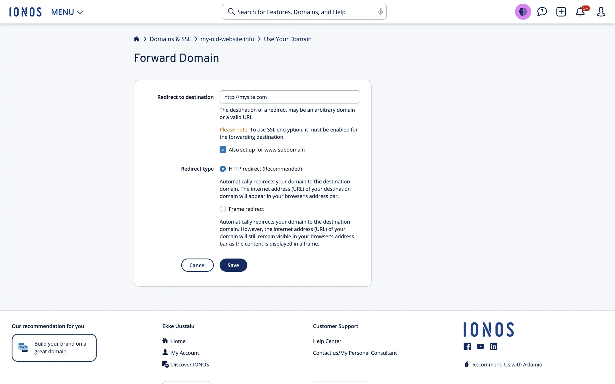 IONOS configure domain forwarding as a HTTP redirect