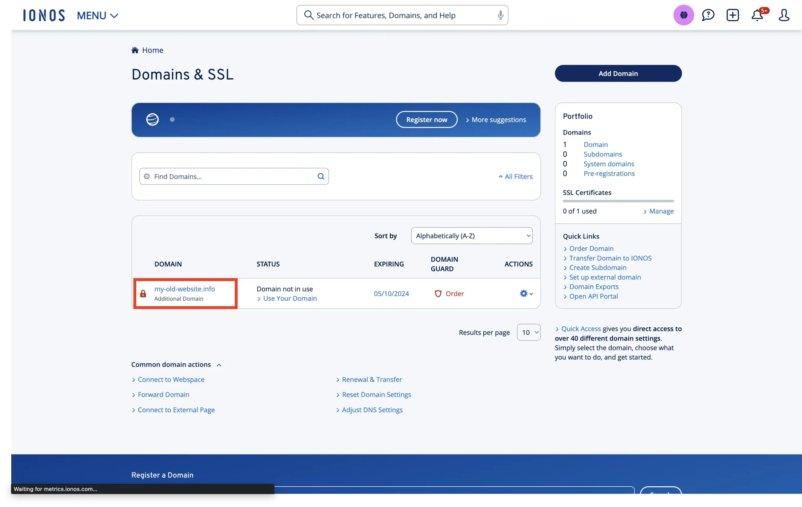 IONOS select domain that you want to manage the settings for