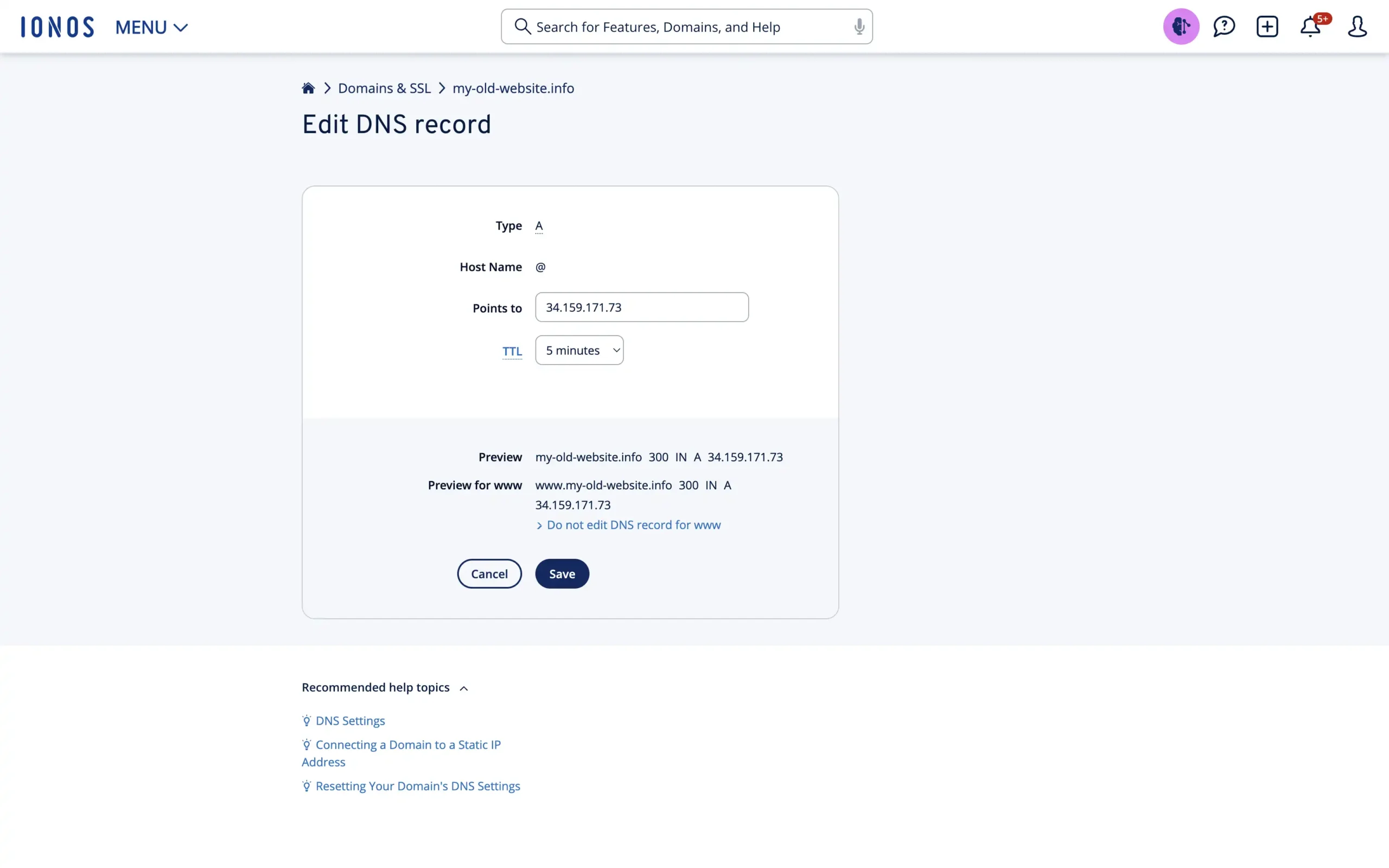 IONOS change DNS A entries to point at the Domain Forward IP address