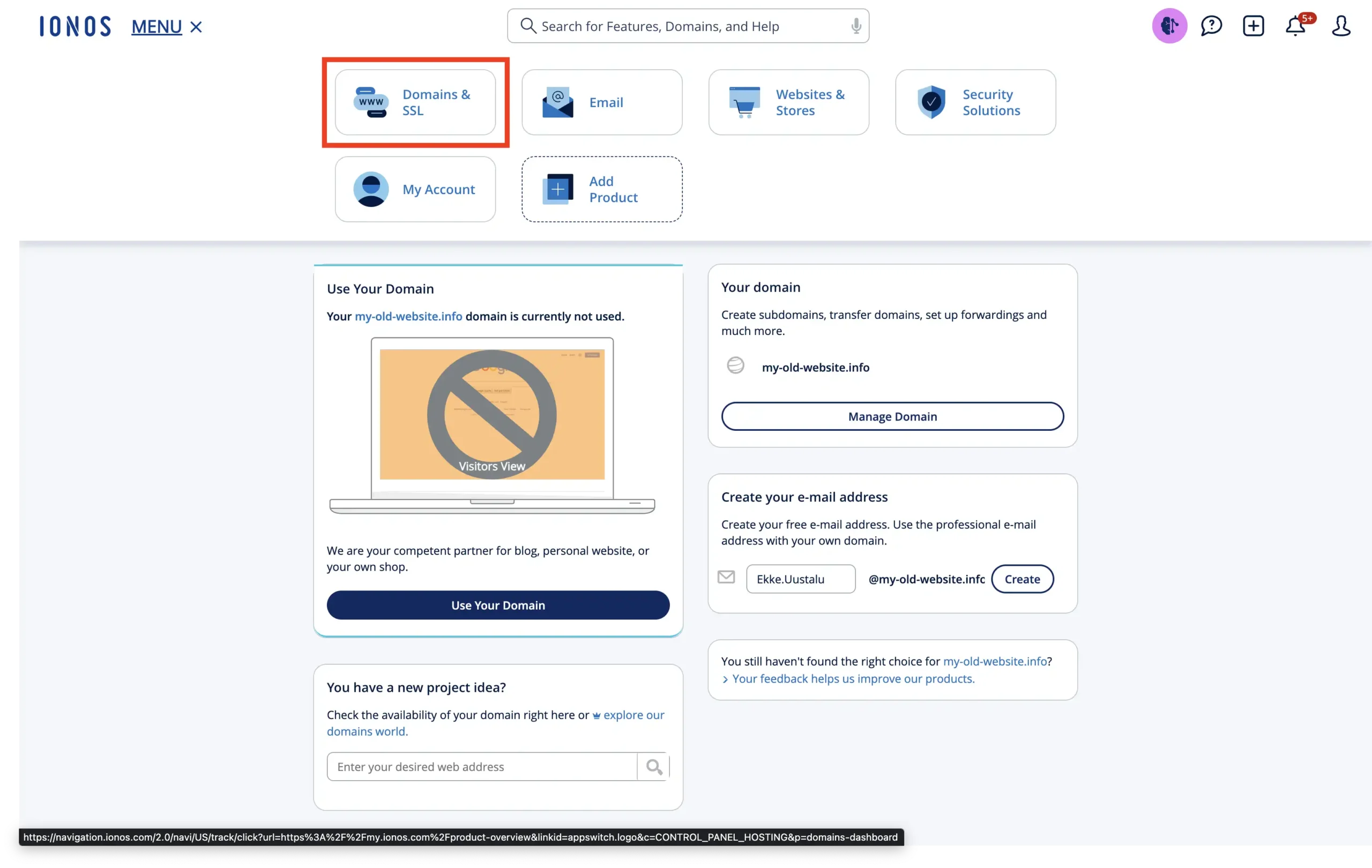 IONOS Domains & SSL menu item where you can manage domain details