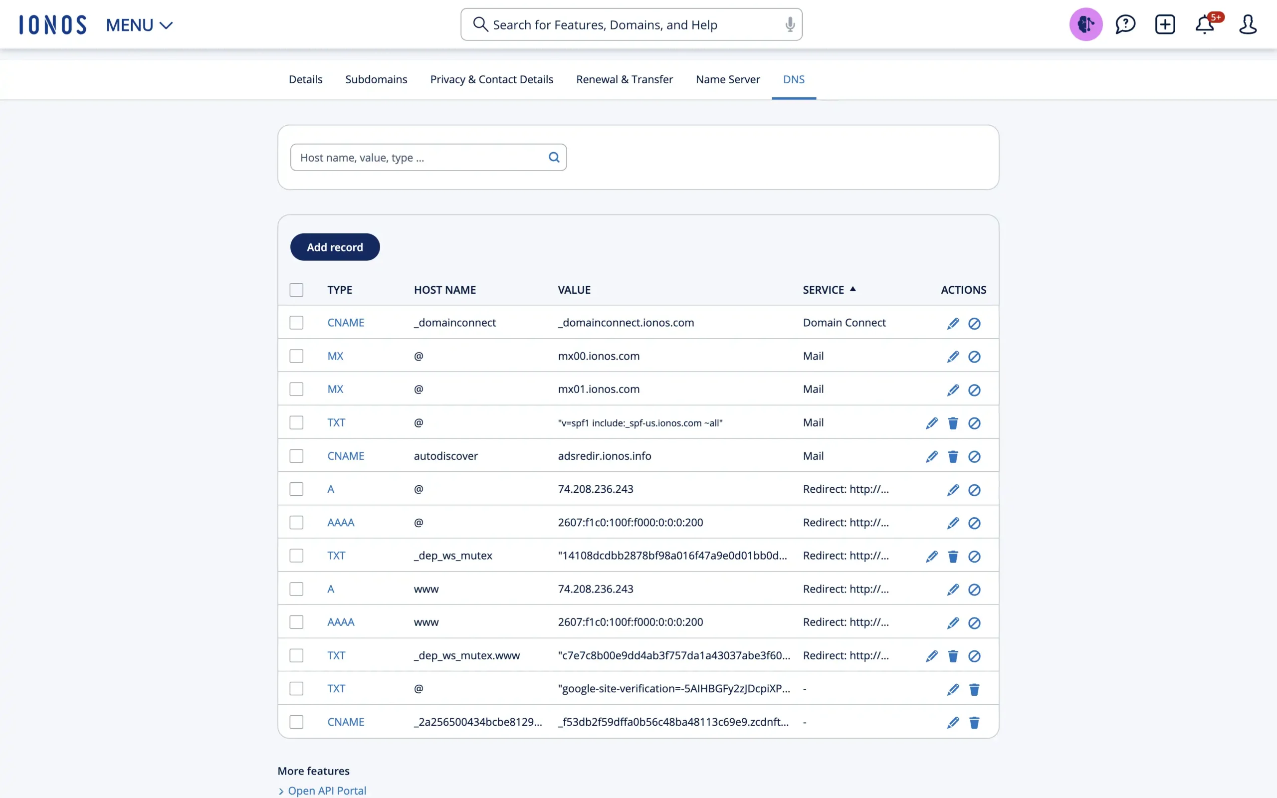 Old DNS records in IONOS